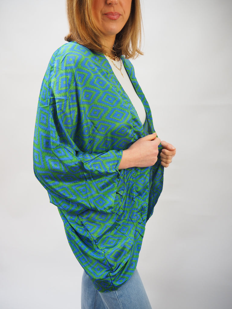 Turquoise and Green Print Repurposed Sari Silk Short Kimono