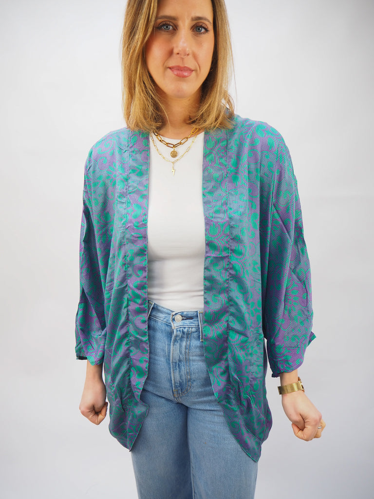 Turquoise & Purple Floral Print Repurposed Sari Silk Short Kimono