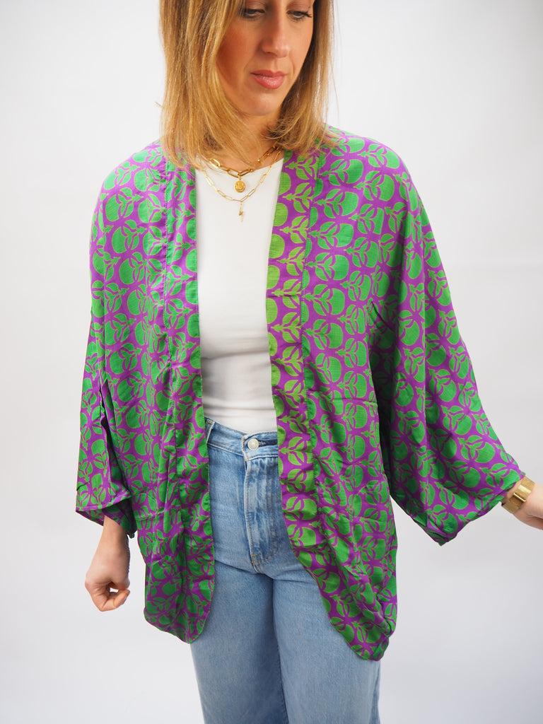 Green and Purple Print Repurposed Sari Silk Short Kimono