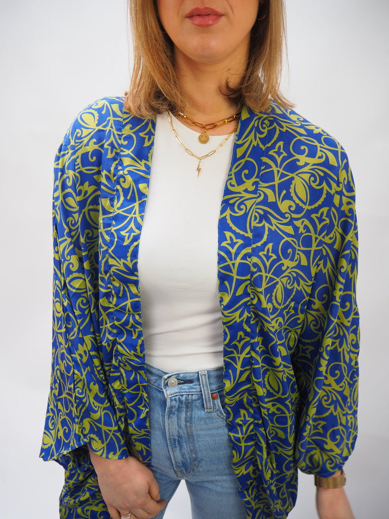 Blue and Green Print Repurposed Sari Silk Short Kimono