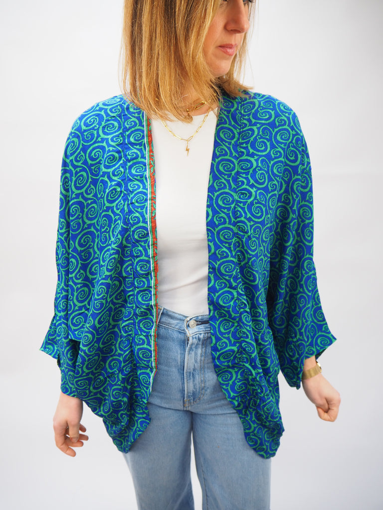 Blue Swirl Print Repurposed Sari Silk Short Kimono