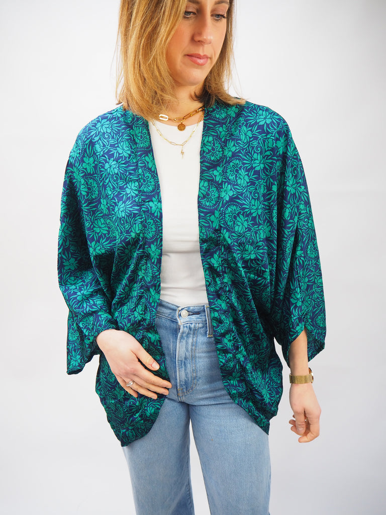 Blue and Green Floral Print Repurposed Sari Silk Short Kimono