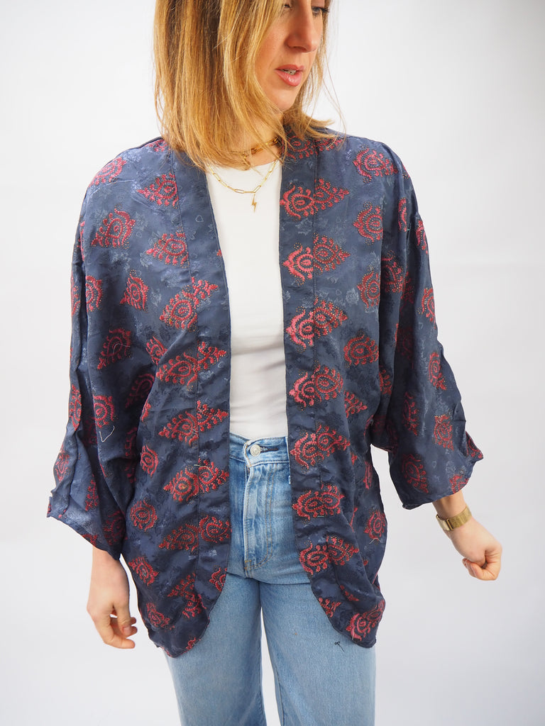 Dark Grey and Red Textured Print Repurposed Sari Silk Short Kimono