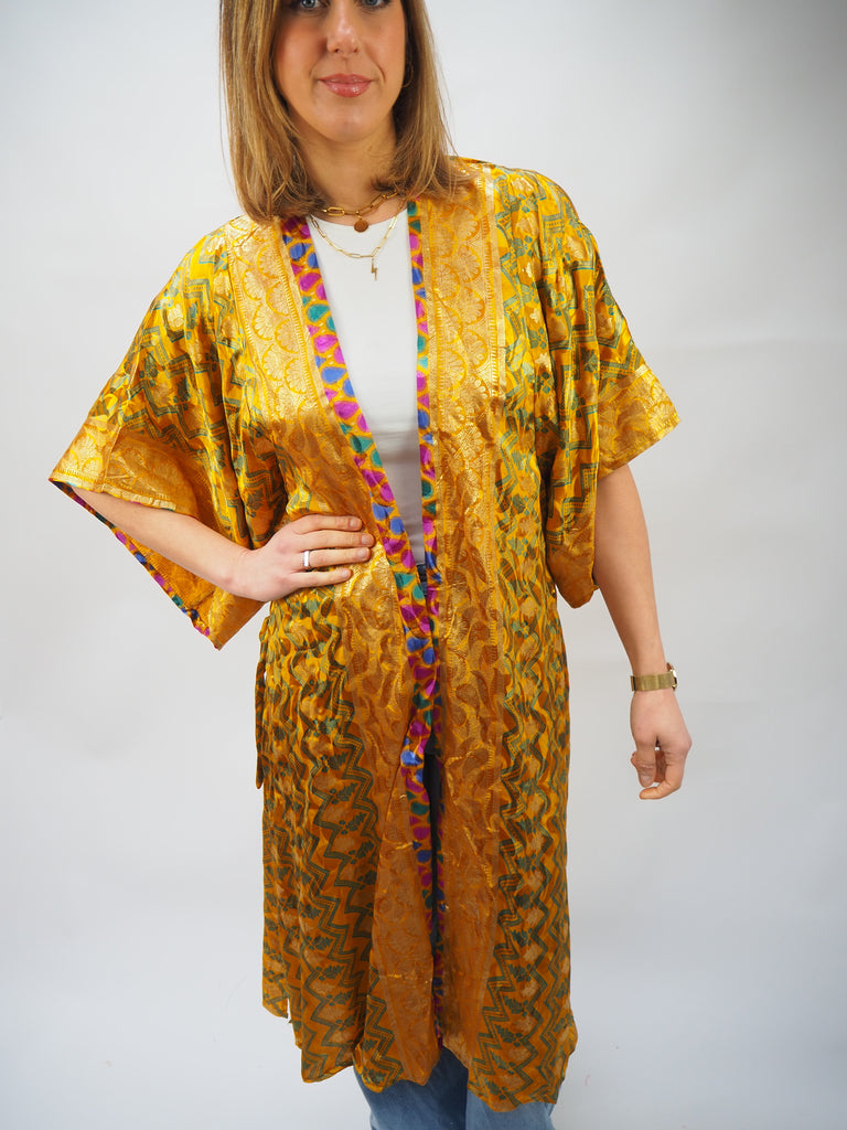 Yellow Print Recycled Sari Silk Kimono