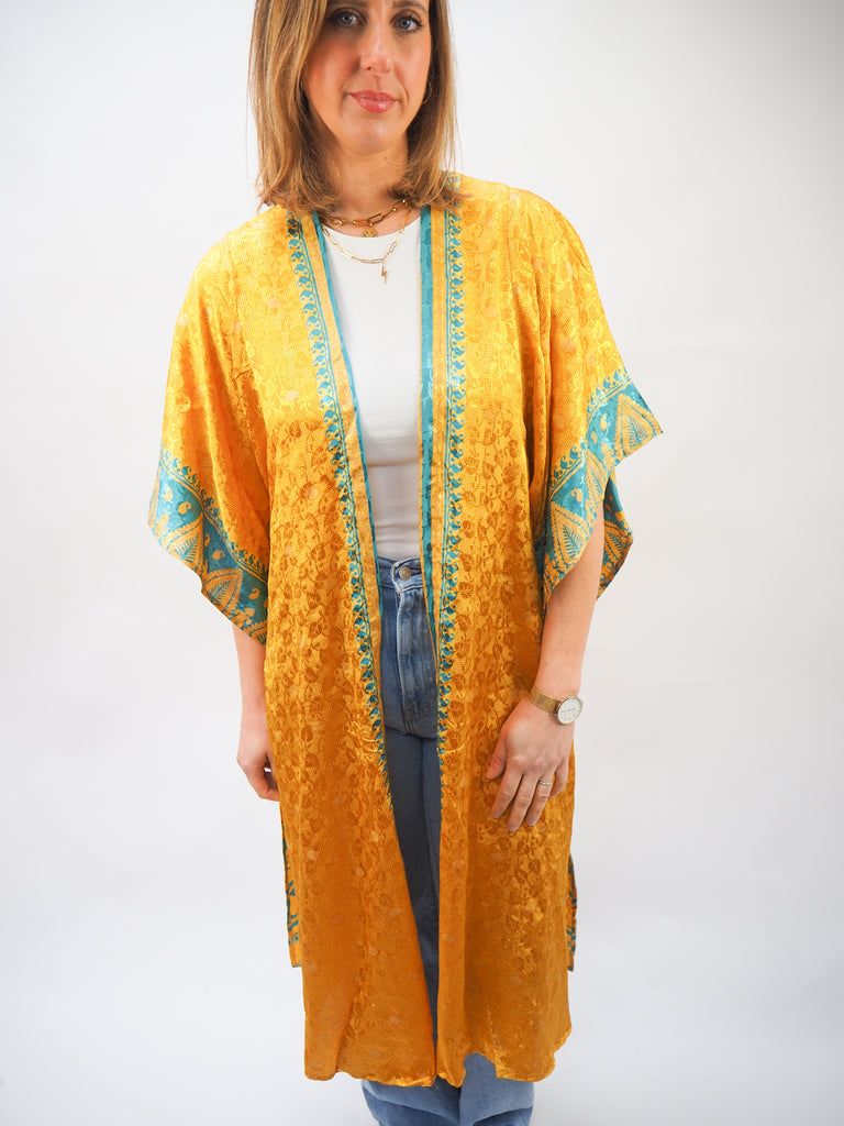 Yellow Border Print Recycled Sari Silk Kimono