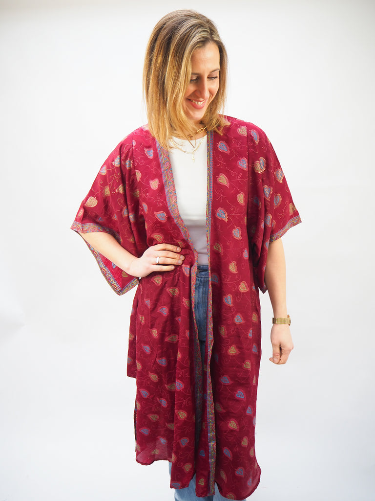 Burgandy Print Recycled Sari Silk Kimono