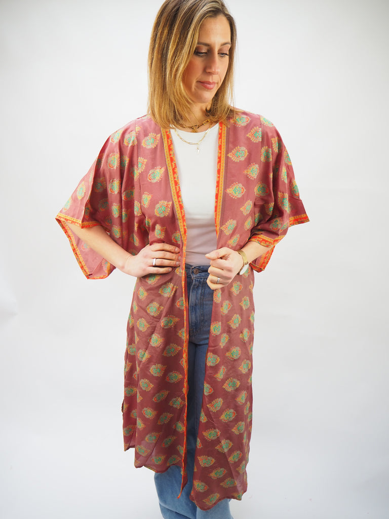 Brown Print Recycled Sari Silk Kimono