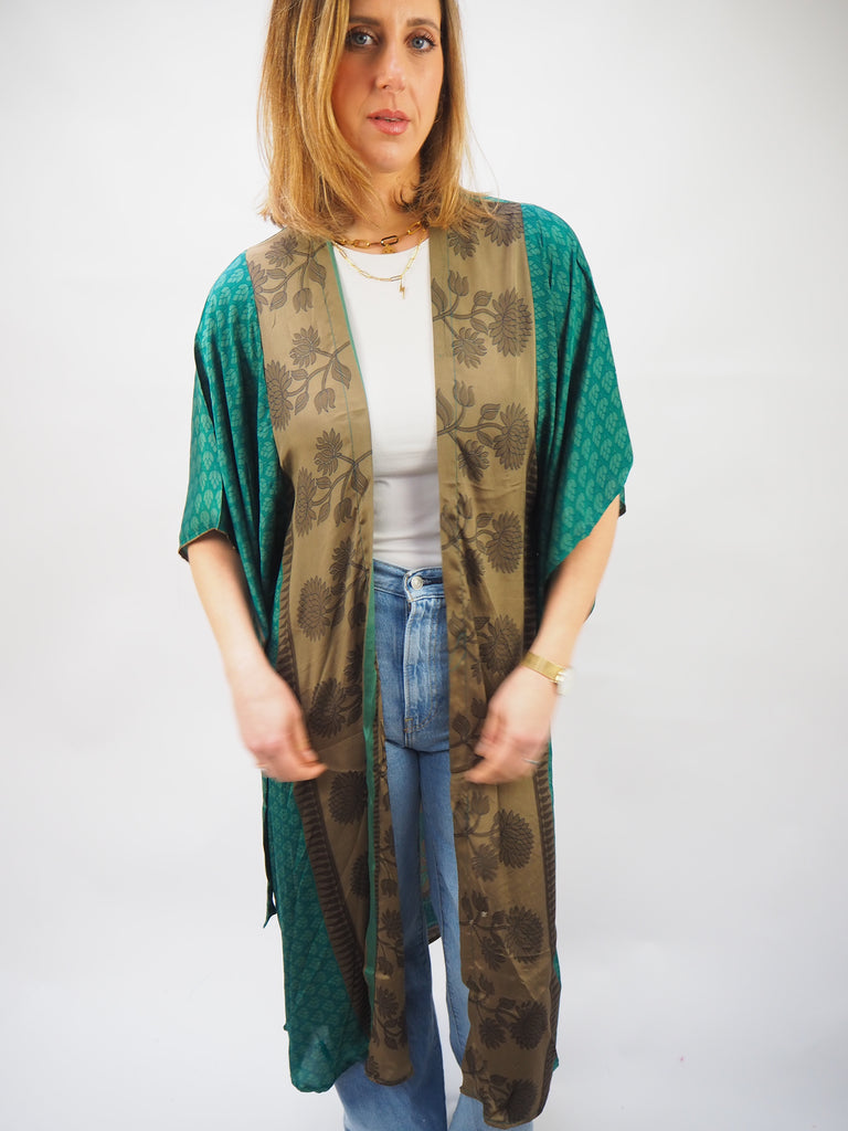 Green Border Print Recycled Sari Silk Kimono