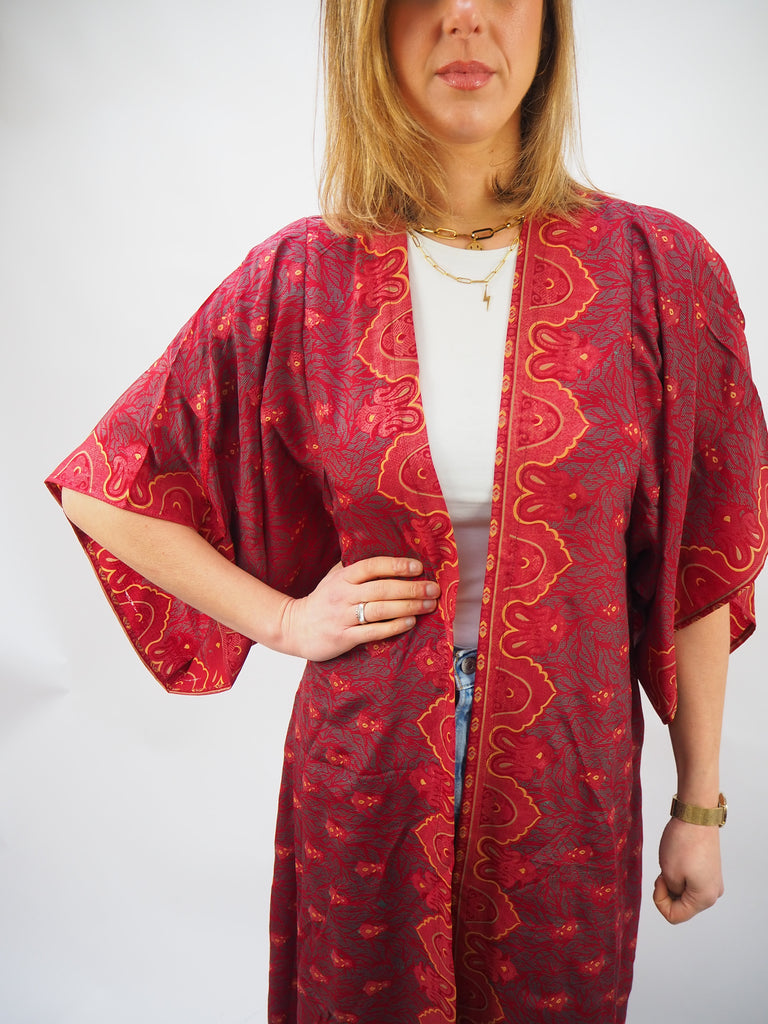 Red Print Recycled Sari Silk Kimono