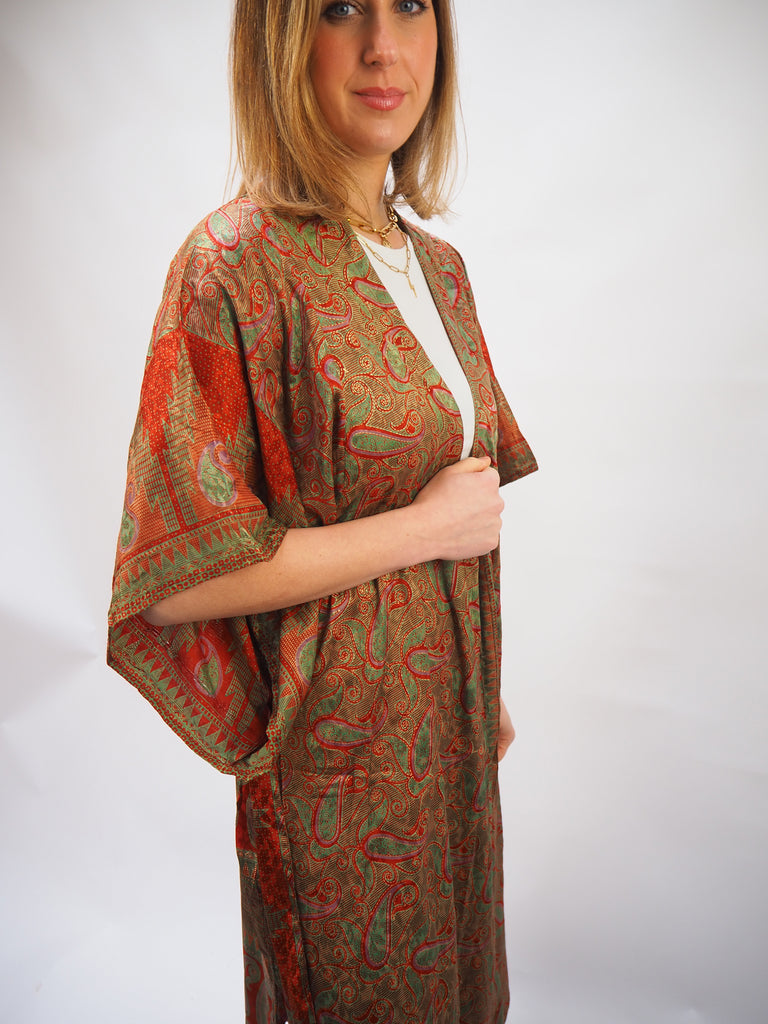 Green & Red Paisley Print Recycled Sari Silk Kimono