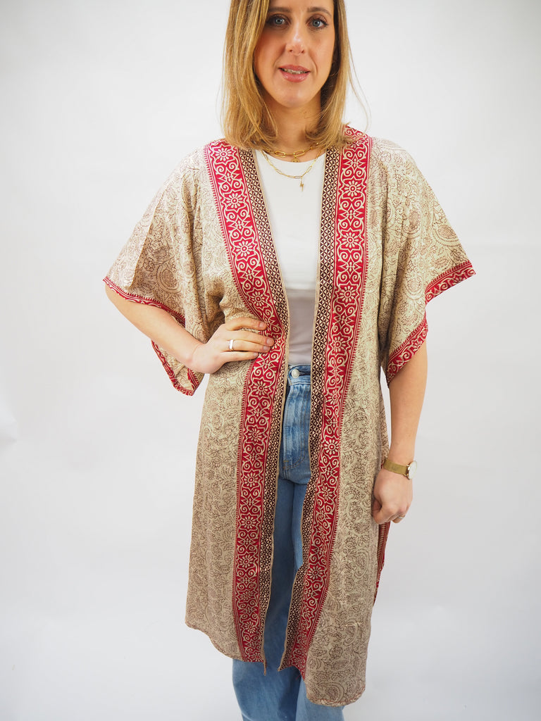 Neutral & red Border Print Recycled Sari Silk Kimono