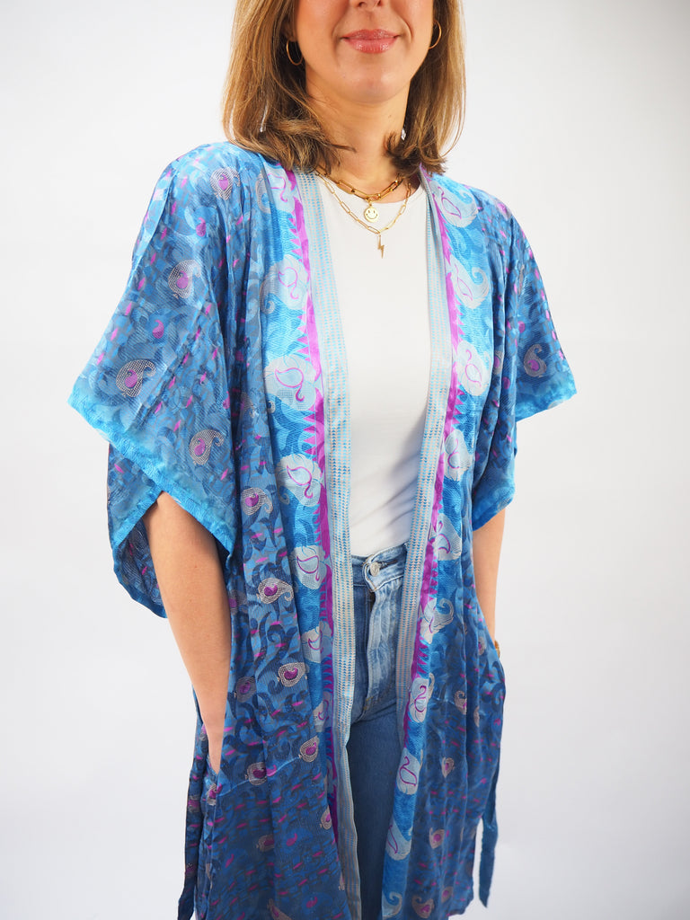 Blues Print Recycled Sari Silk Kimono