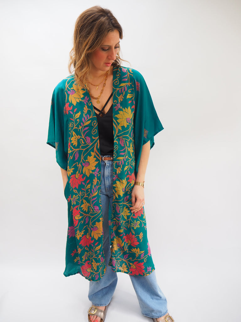 Green Floral Print Recycled Sari Silk Kimono