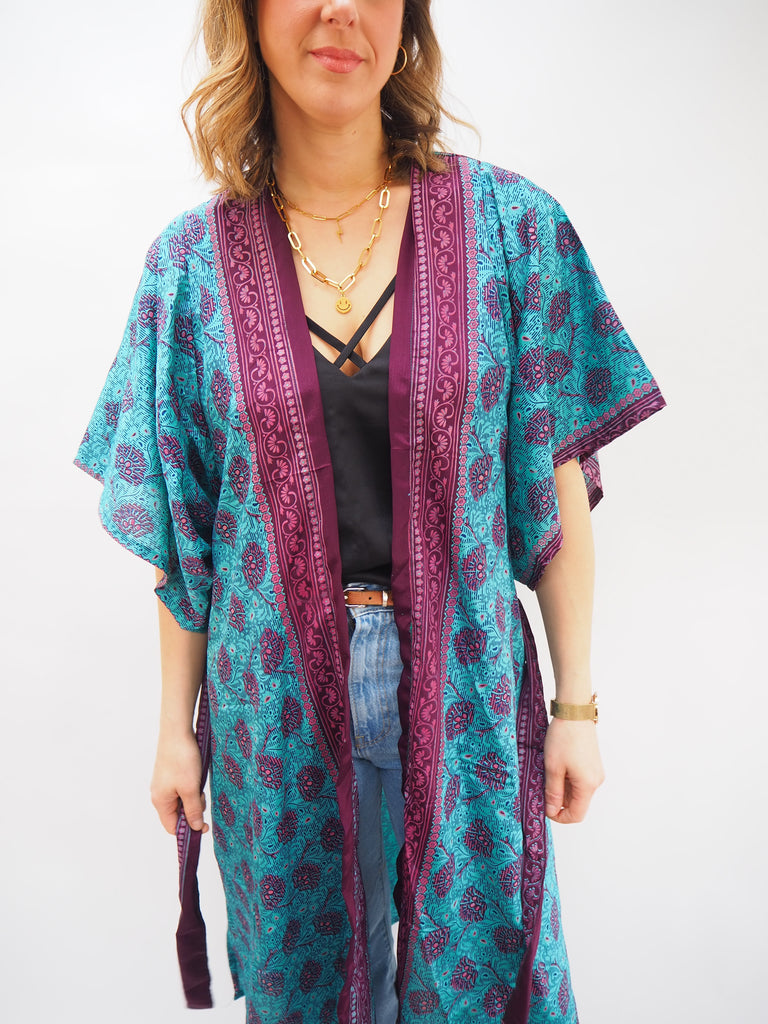 Turquoise & Purple Print Recycled Sari Silk Kimono