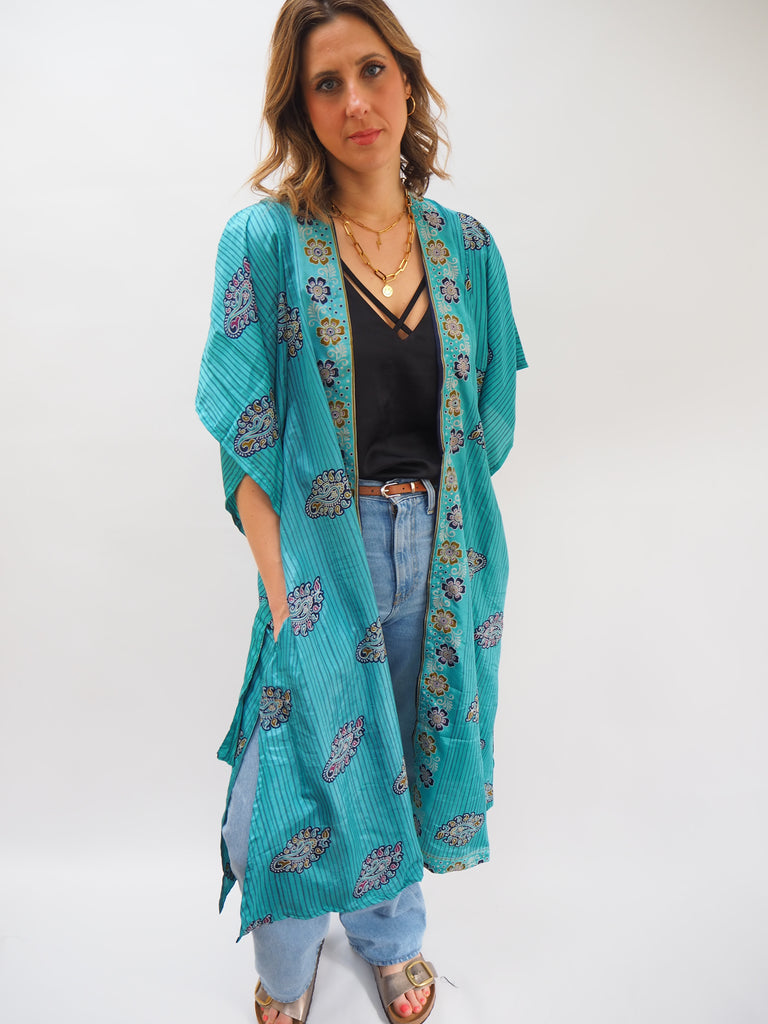 Turquoise Bold Print Recycled Sari Silk Kimono