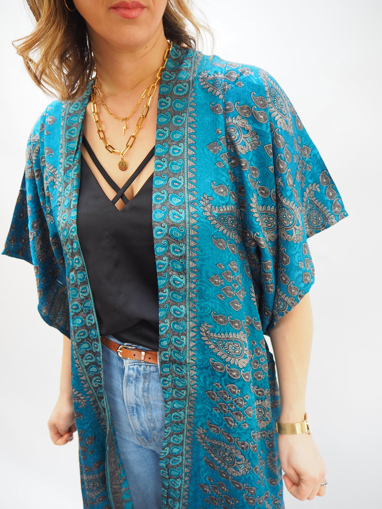 Blue Paisley Print Recycled Sari Silk Kimono