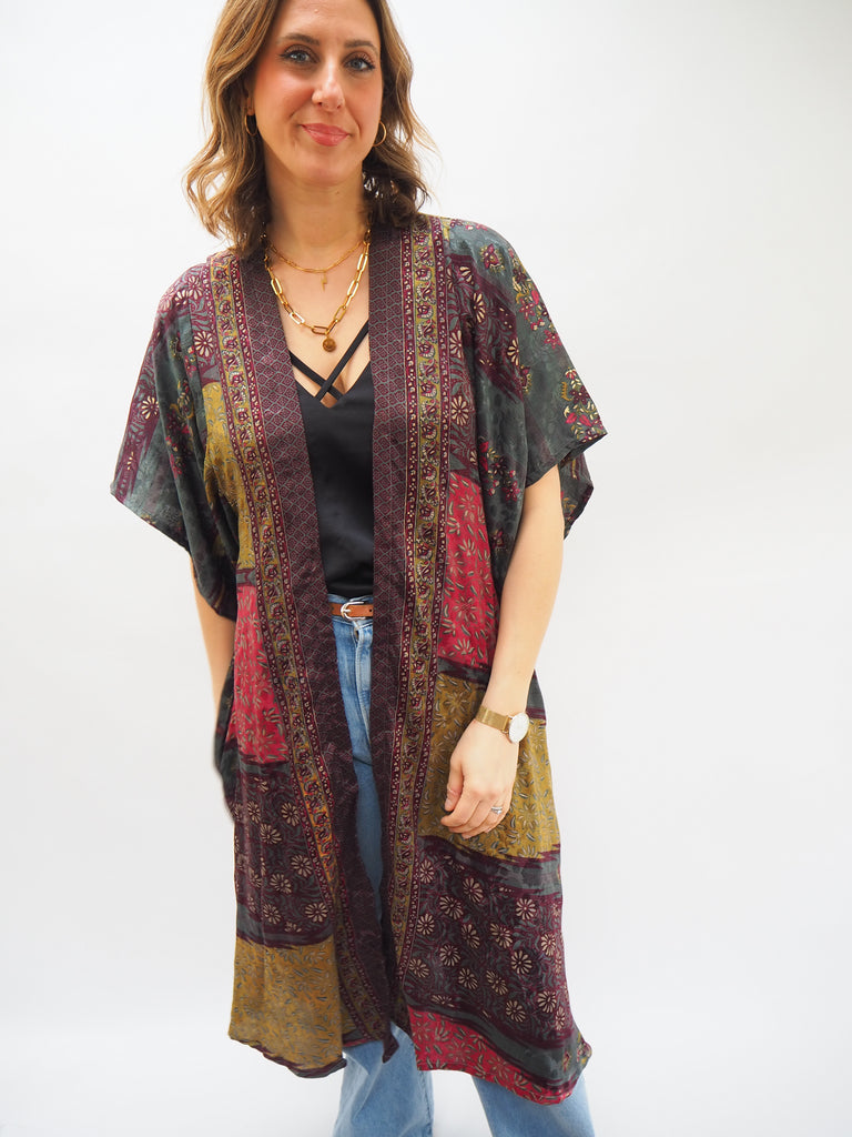 Patchwork Print Recycled Sari Silk Kimono