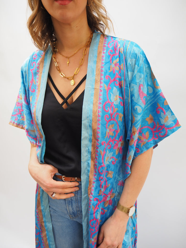Turquoise Print Recycled Sari Silk Kimono
