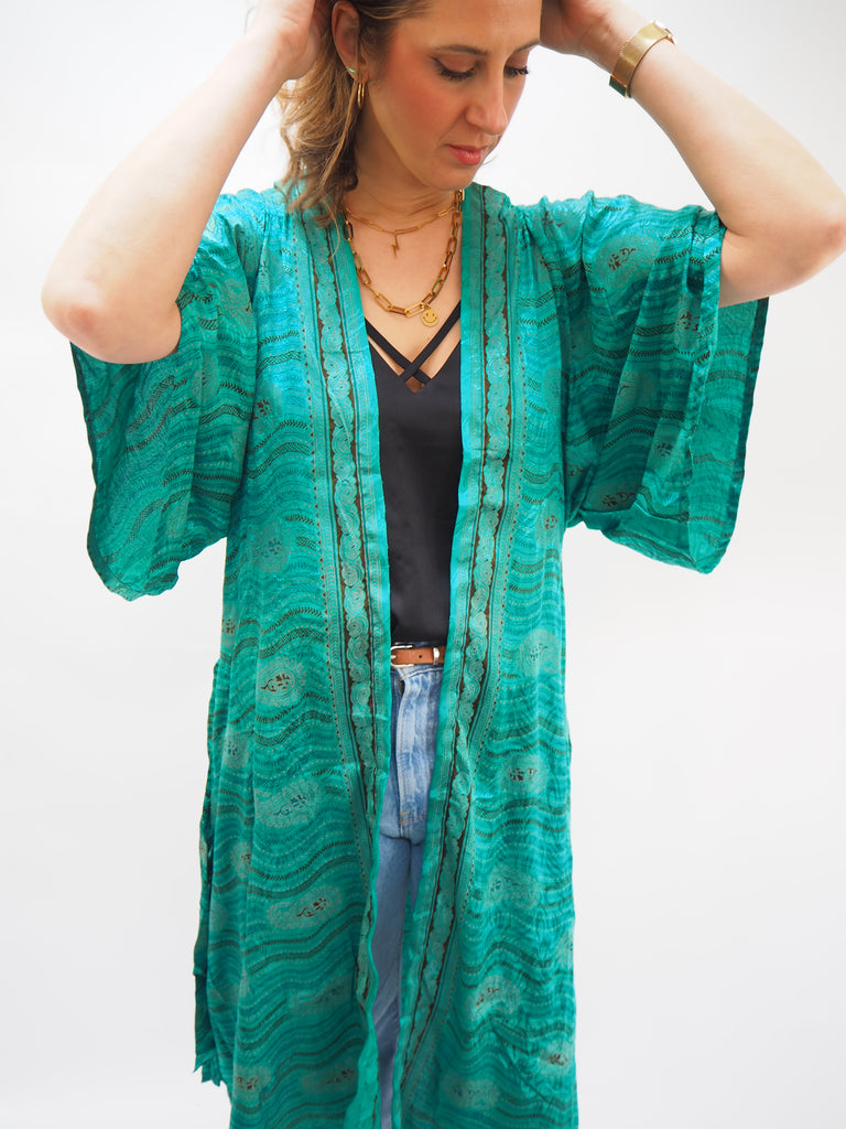 Jade Green Print Recycled Sari Silk Kimono