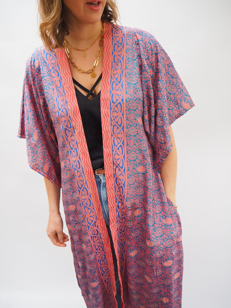 Pink Paisley Print Recycled Sari Silk Kimono