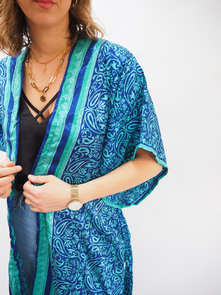 Blue Bold Print Recycled Sari Silk Kimono