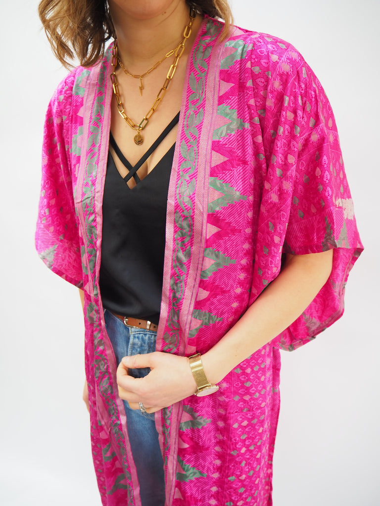 Hot Pink Border Print Recycled Sari Silk Kimono