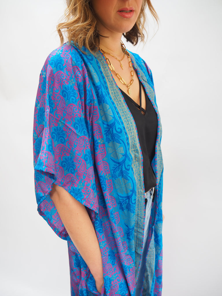 Blue Print Recycled Sari Silk Kimono