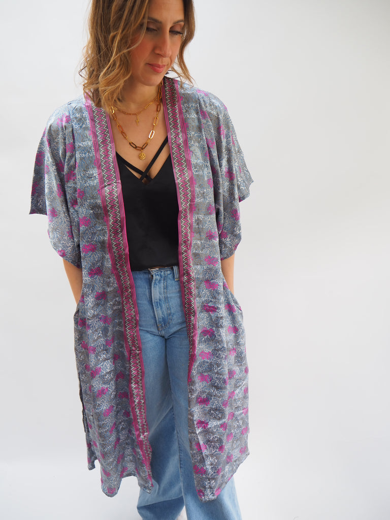 Grey & Purple Print Recycled Sari Silk Kimono