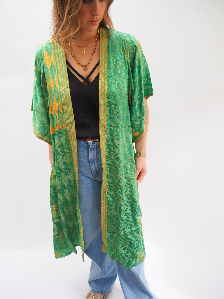 Green & Yellow Print Recycled Sari Silk Kimono