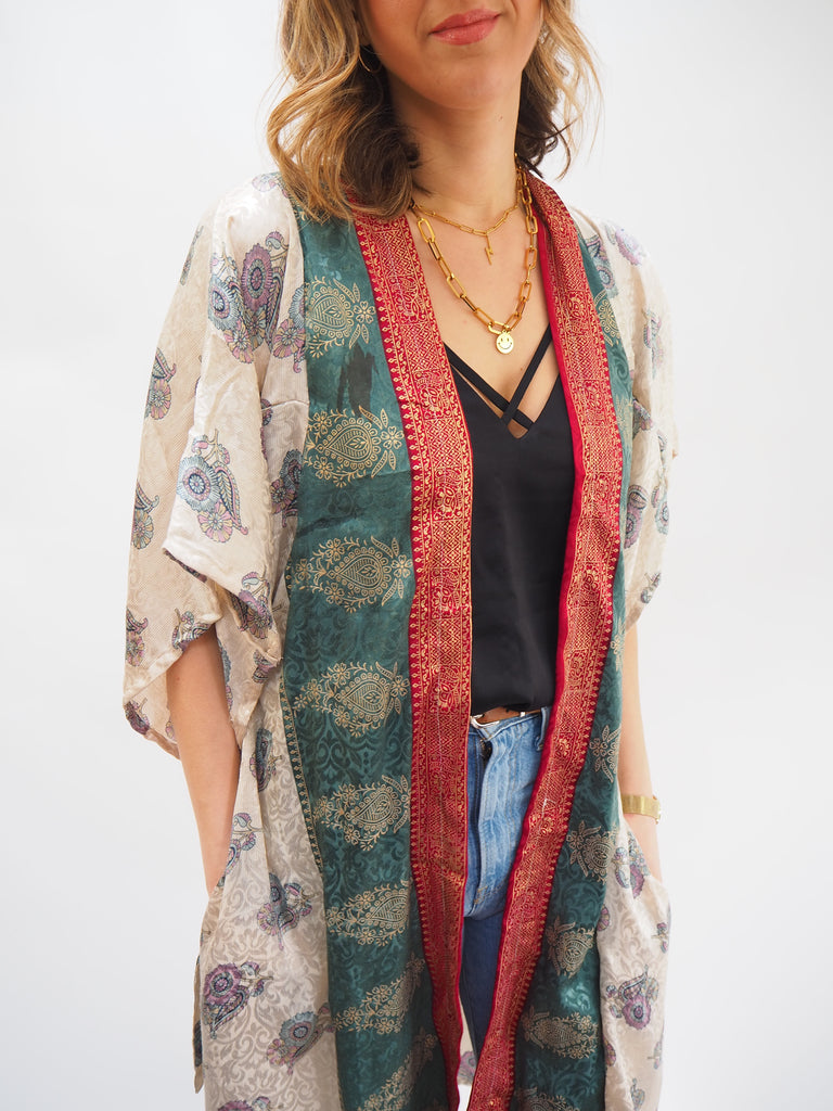 Neutral Border Print Recycled Sari Silk Kimono