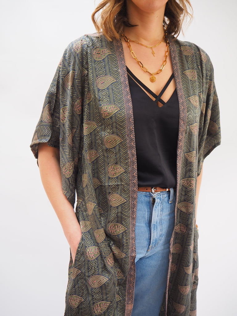 Green & Neutral Print Recycled Sari Silk Kimono