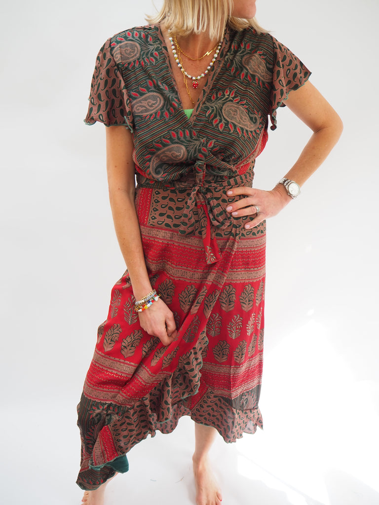 Red & Brown Print Repurposed Sari Silk Ruffle Wrap Dress 