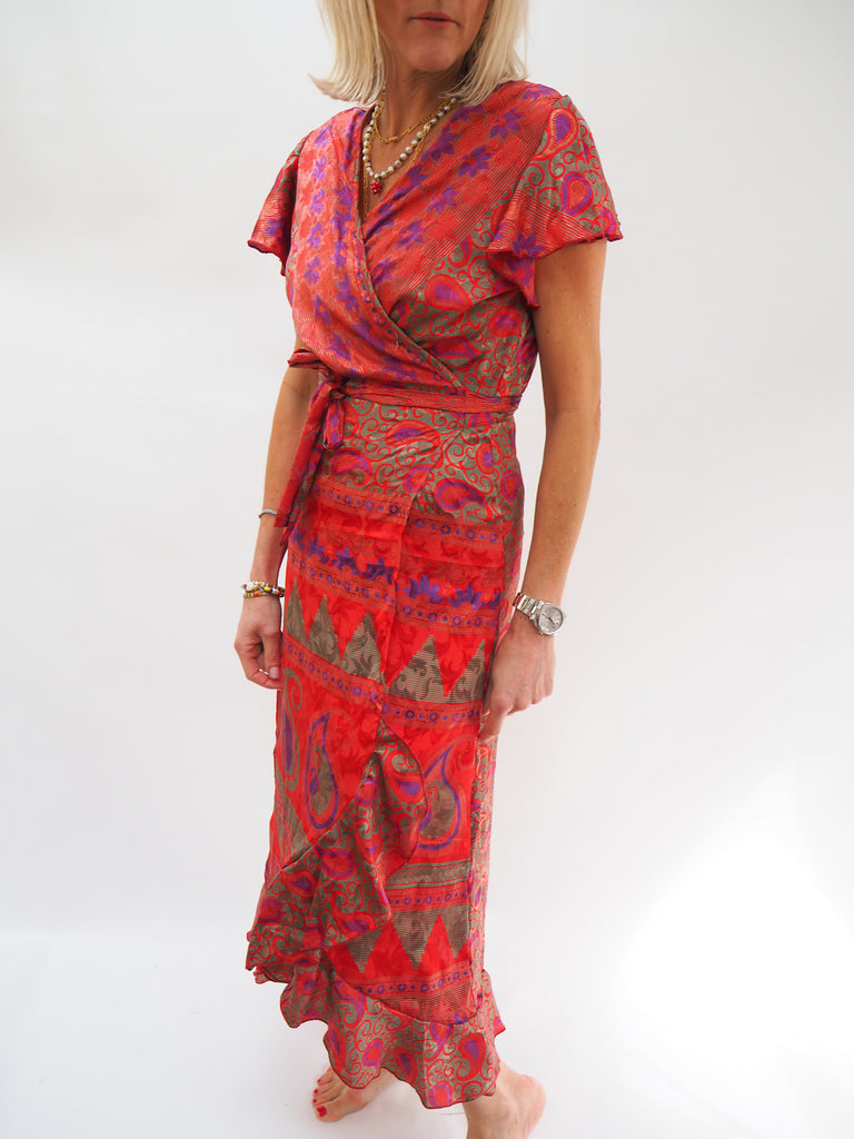 Red Print Repurposed Sari Silk Ruffle Wrap Dress