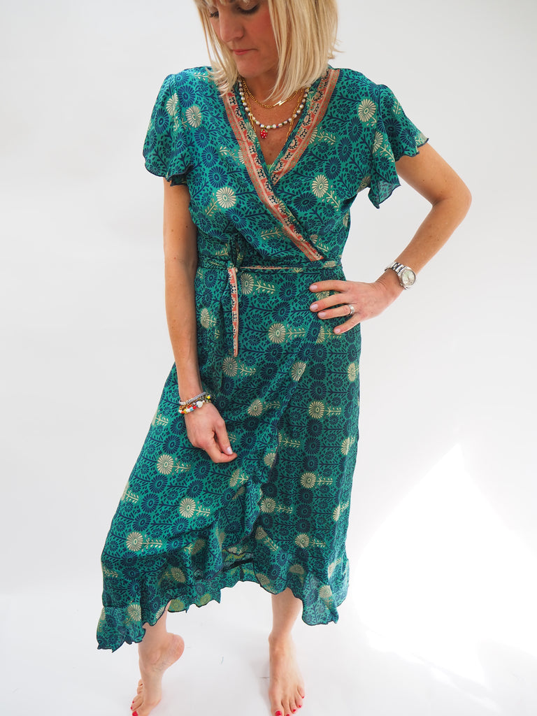 Green Repurposed Sari Silk Ruffle Wrap Dress
