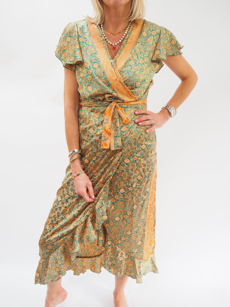 Orange & Green Repurposed Sari Silk Ruffle Wrap Dress