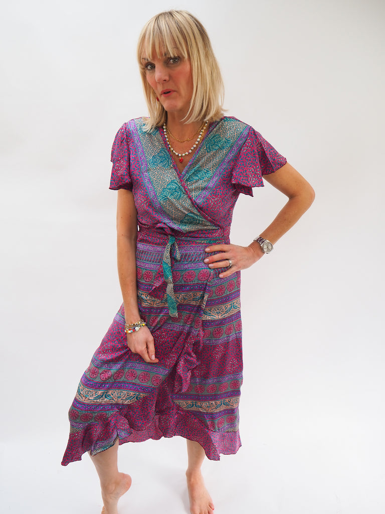 Purple & Blue Print Repurposed Sari Silk Ruffle Wrap Dress