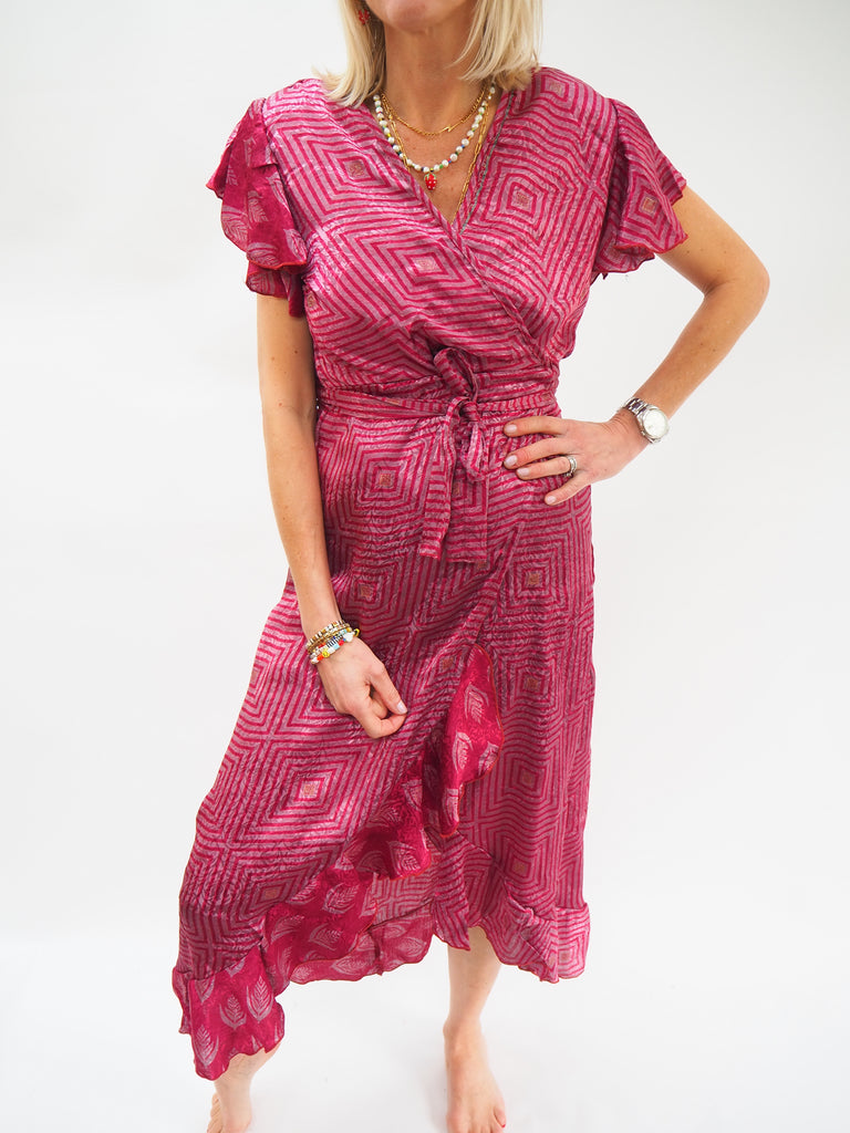 Pink Geo Print Repurposed Sari Silk Ruffle Wrap Dress