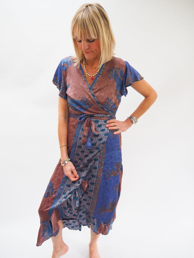 Blues Mixed Repurposed Sari Silk Ruffle Wrap Dress