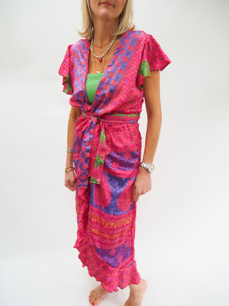 Pink Print Repurposed Sari Silk Ruffle Wrap Dress
