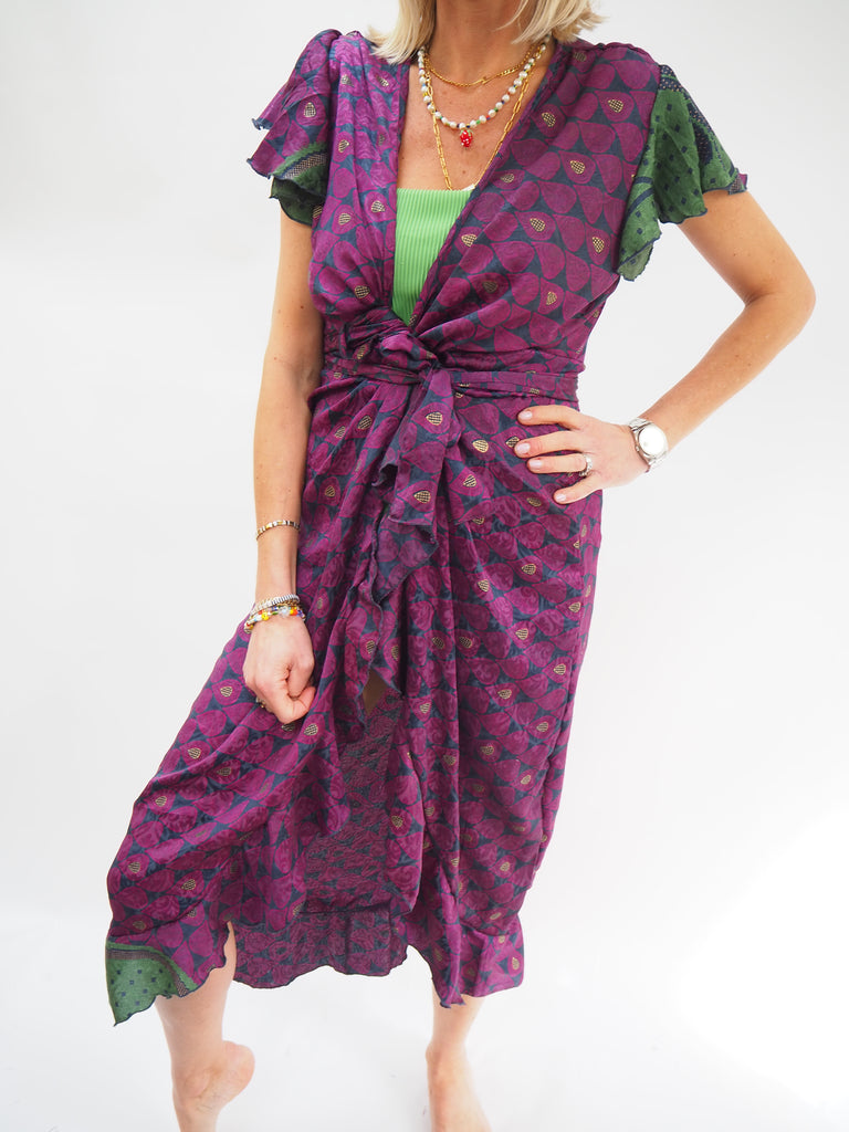 Purple Print Repurposed Sari Silk Ruffle Wrap Dress