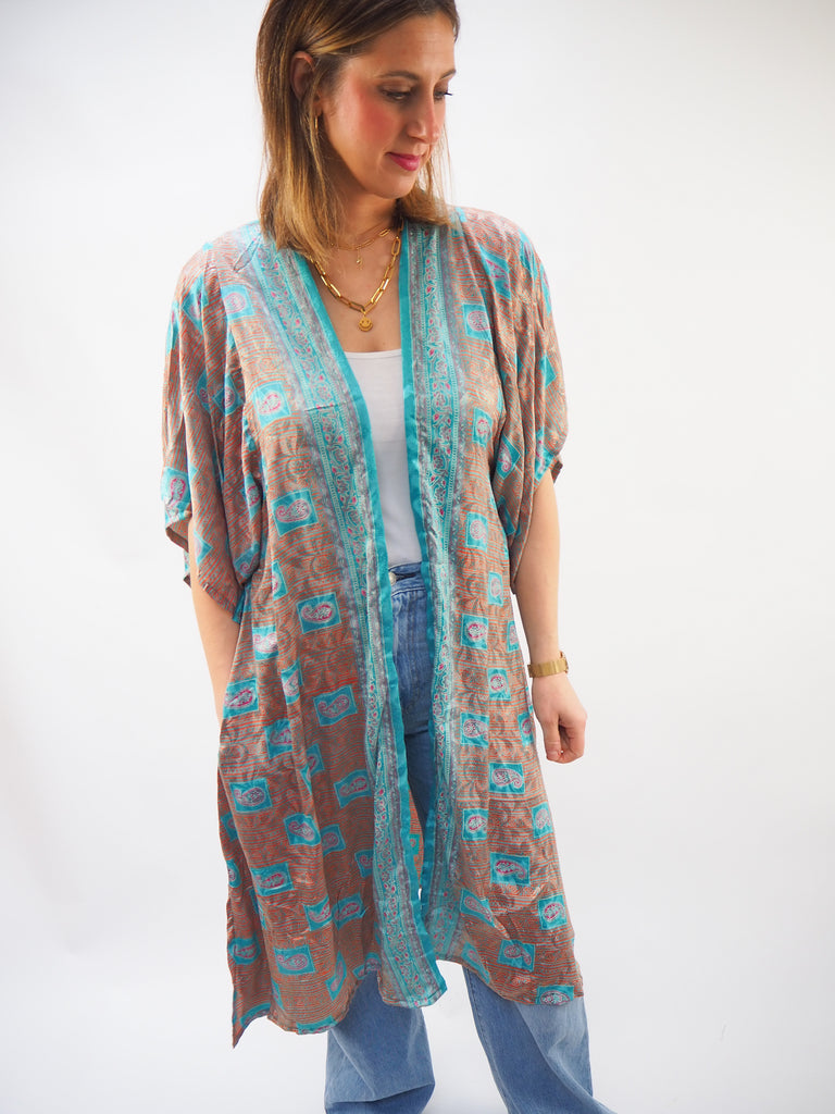 Turquoise & Neutral Print Recycled Sari Silk Kimono