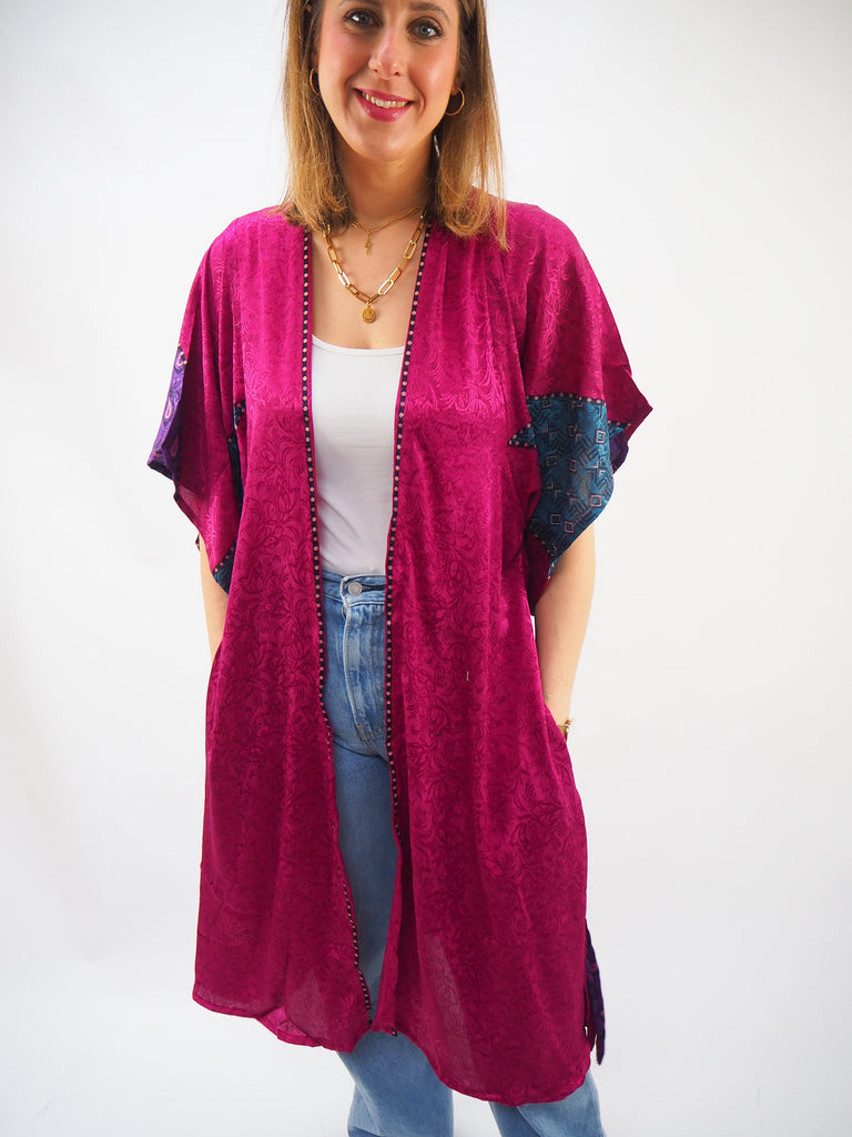 Pink Sleeve Print Recycled Sari Silk Kimono
