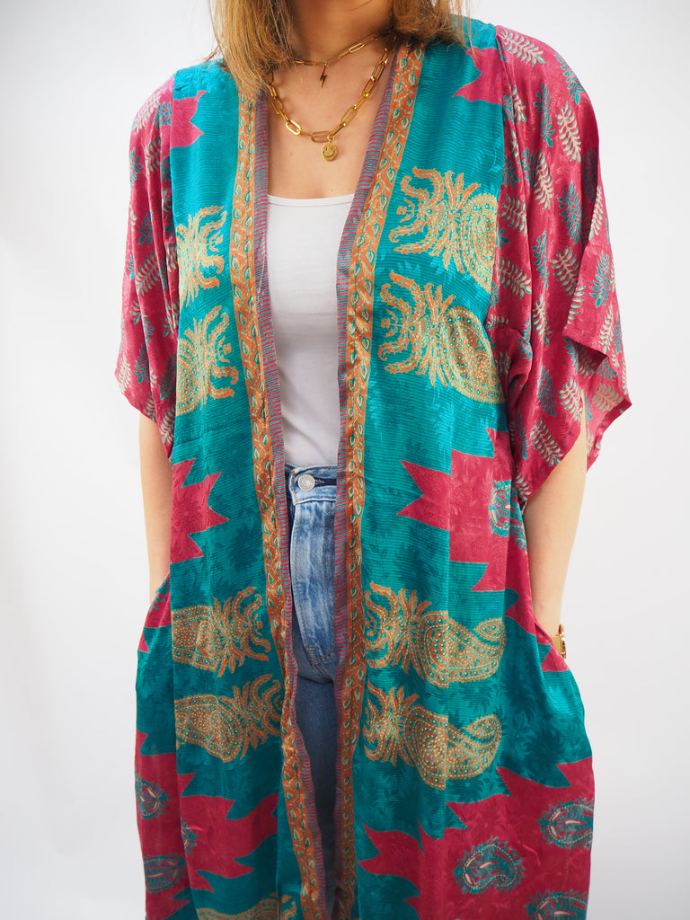 Bold Print Recycled Sari Silk Kimono