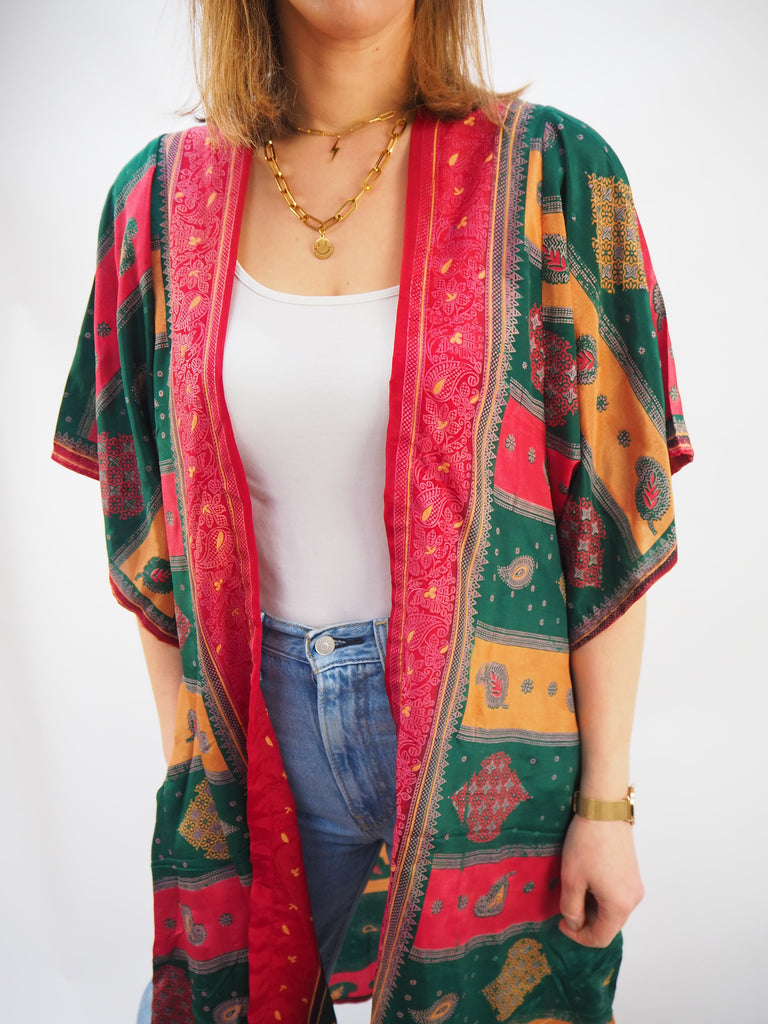 Red Mixed Print Recycled Sari Silk Kimono