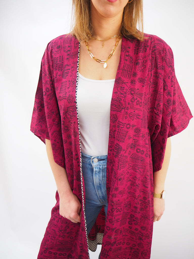 Dark Pink Print Recycled Sari Silk Kimono