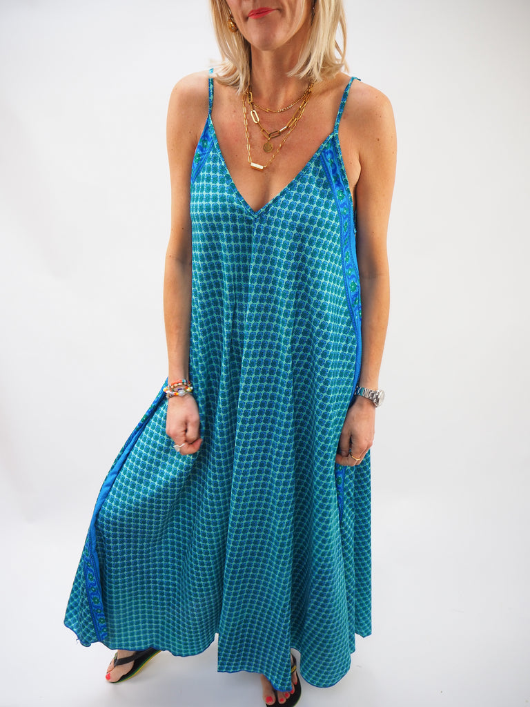 Turquoise Micro Print Repurposed Sari Silk Sundress