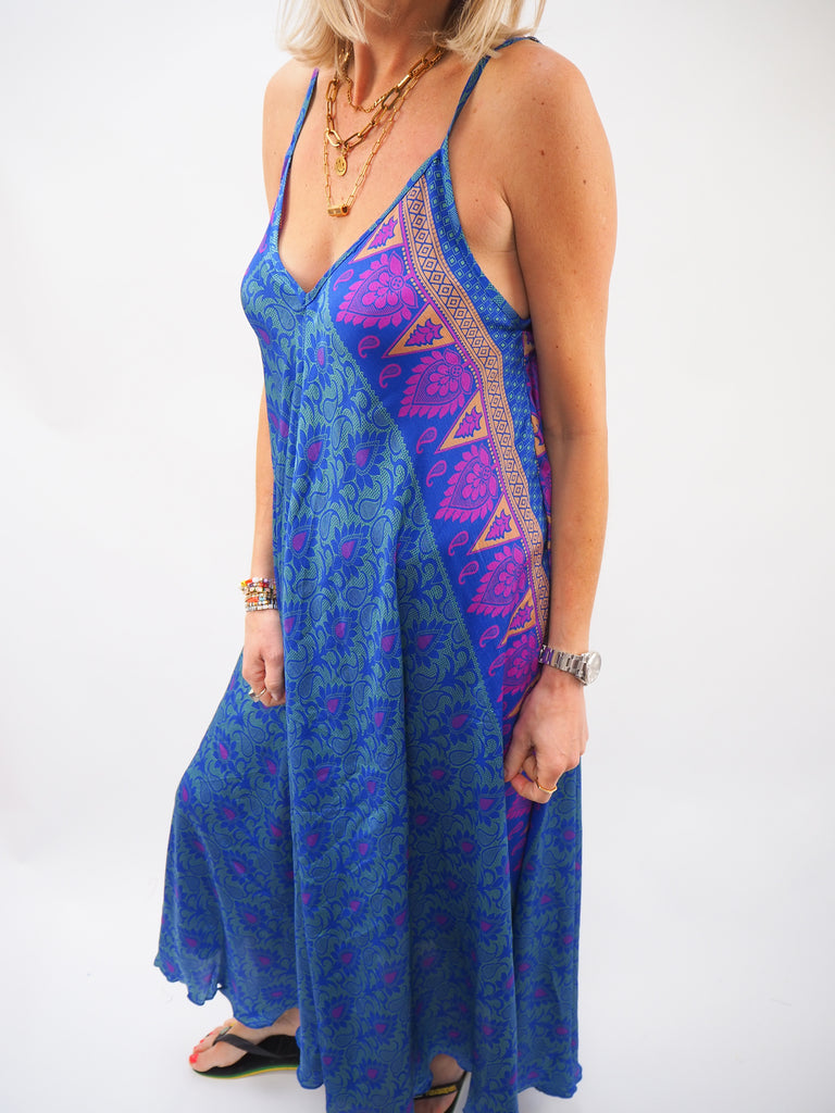 Blue Border Print Repurposed Sari Silk Sundress