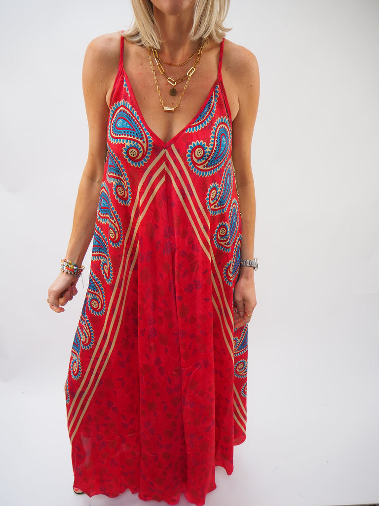 Red Bold Paisley Print Repurposed Sari Silk Sundress
