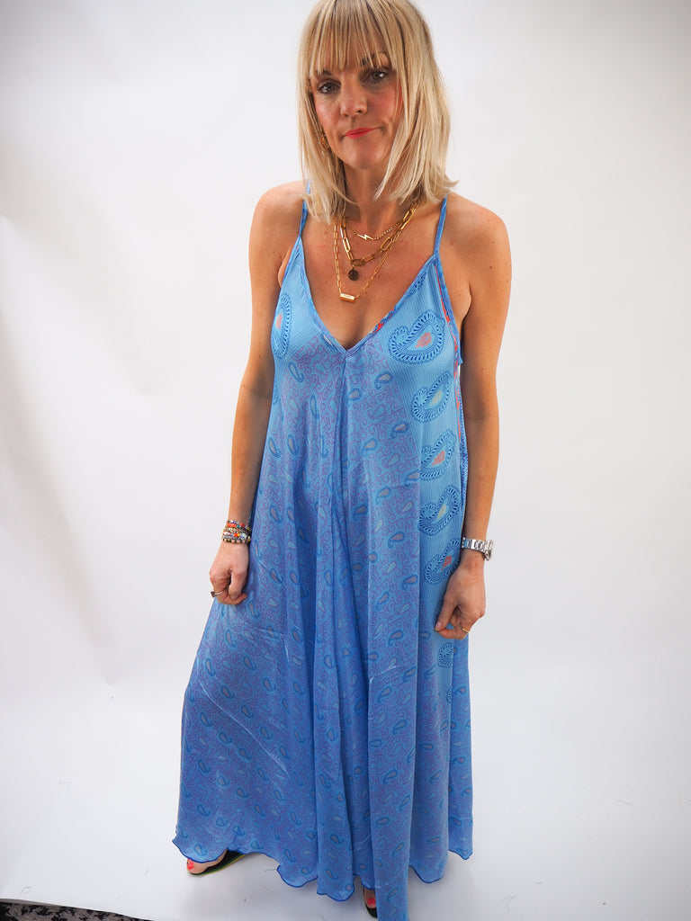 Pale Blue Print Repurposed Sari Silk Sundress