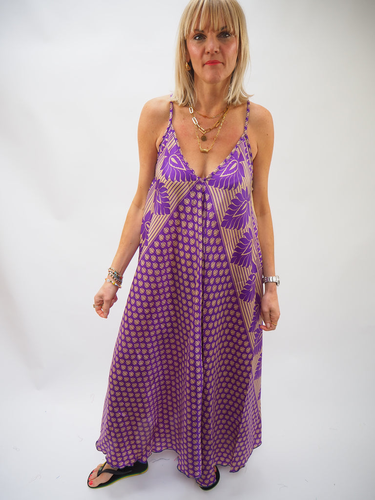 Purple Bold Print Repurposed Sari Silk Sundress